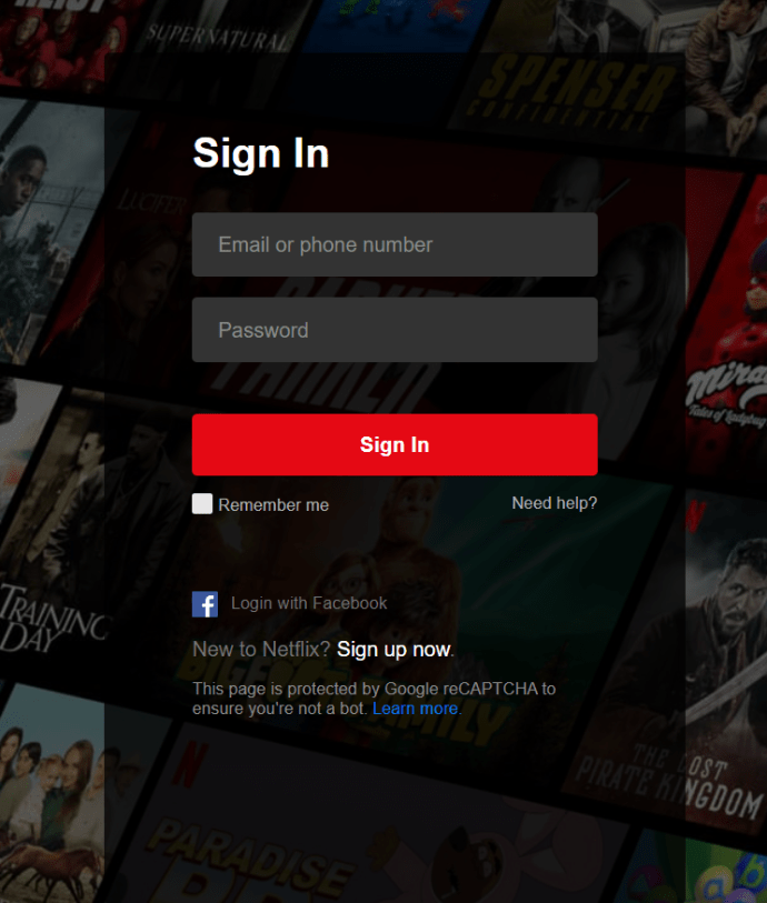 Página de login da Netflix