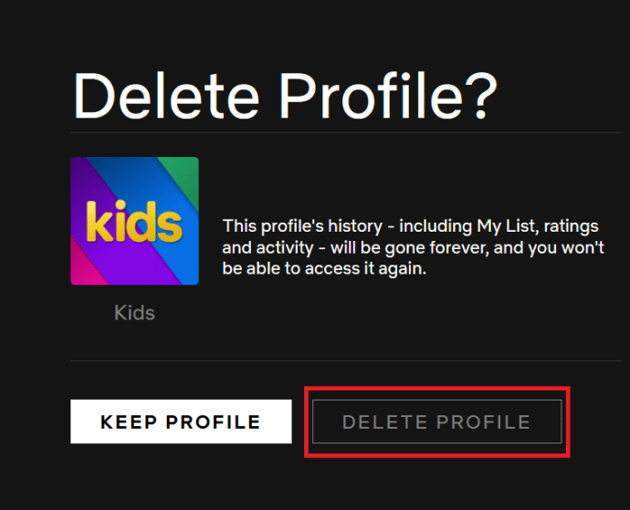 Stránka s potvrdením odstránenia profilu Netflix