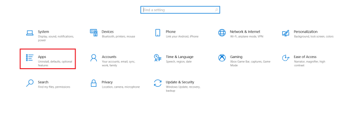 Página de configurações do Windows 10