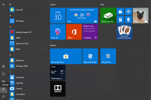 menu startowe systemu Windows
