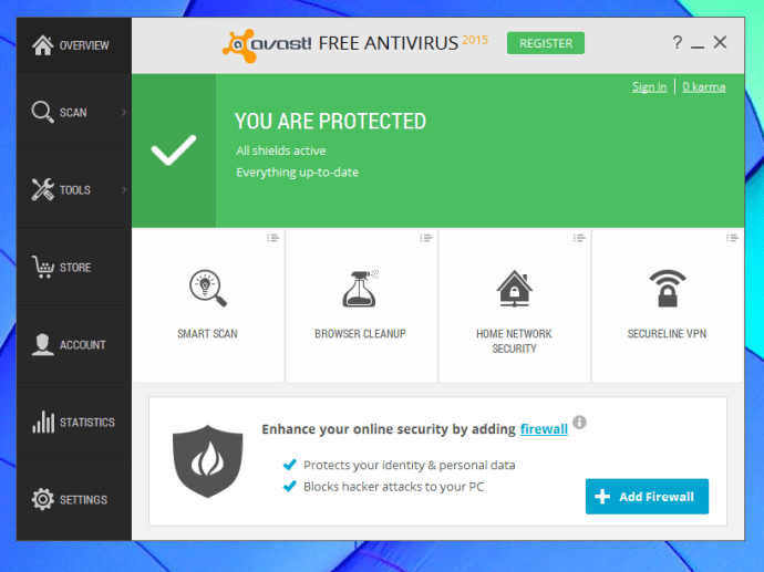 Avast Free Antivirus 2015 ülevaade – peamine kasutajaliides
