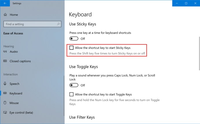 atspējot pielīmētās atslēgas operētājsistēmā Windows 10