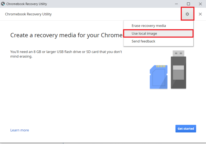 A Chromebook helyreállítási segédprogram beállításai